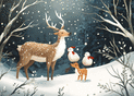 Renne et bonhommes de neige sous la neige